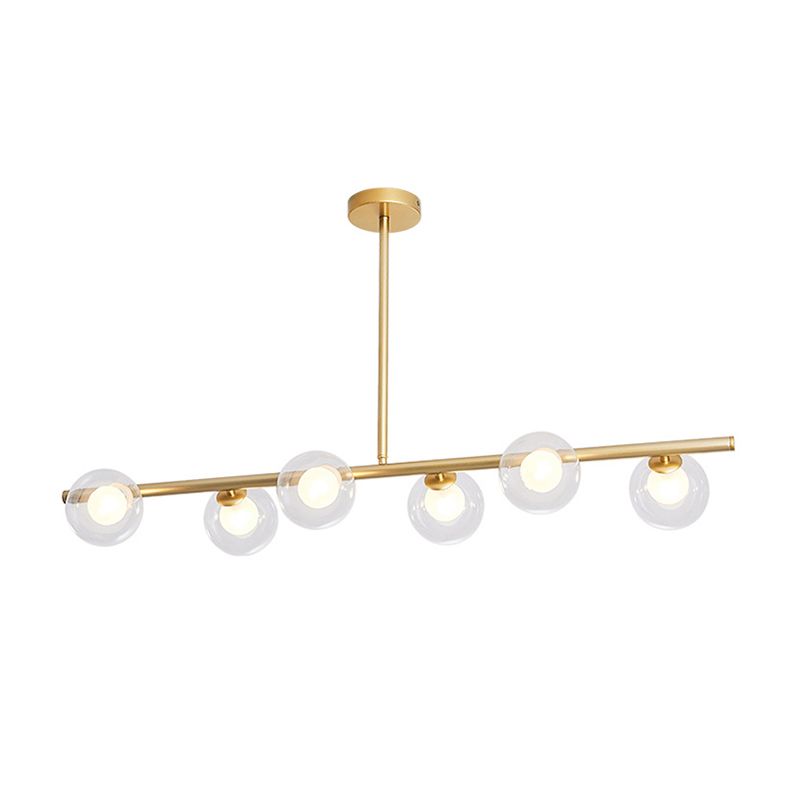 Linear Island Light Fixture Nordic Metal 6 Heads Gold Hanging Lamp with Globe Clear Glass Shade