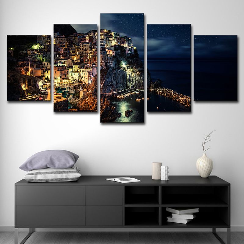 Cinque Terre Night View Canvas Black Glam Wall Art Print for Sitting Room, Multi-Piece