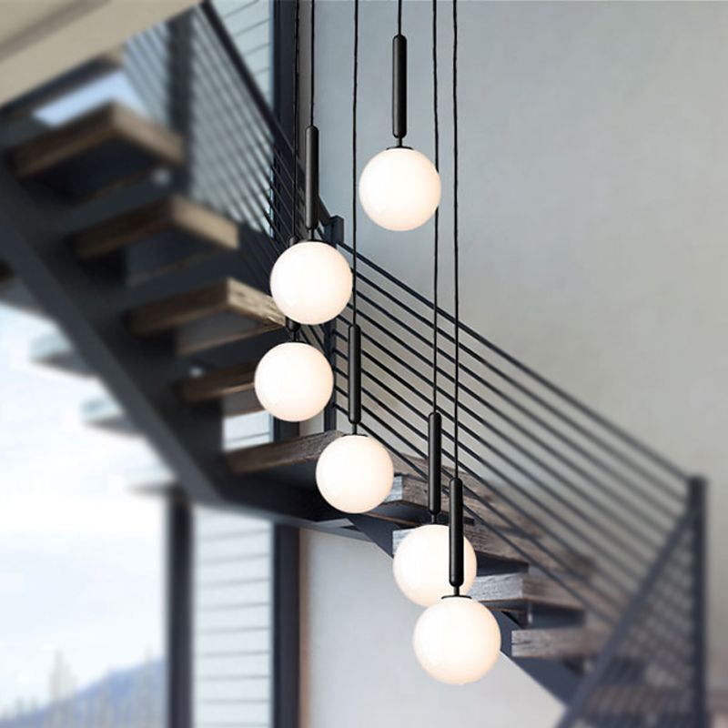 Kugelhaltige weiße Glas Suspension Anhänger Moderne 1 Licht 6 "/8"/10 "breit schwarz/goldener Hangleuchte