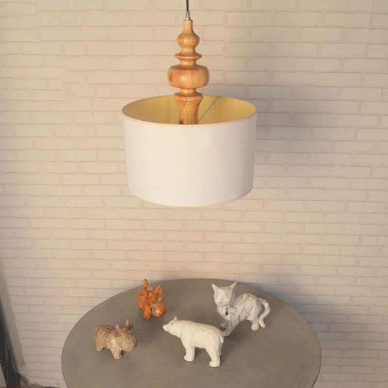 Off White Fabric Shade Chandelier, Adjustable Chain with Wood Accents