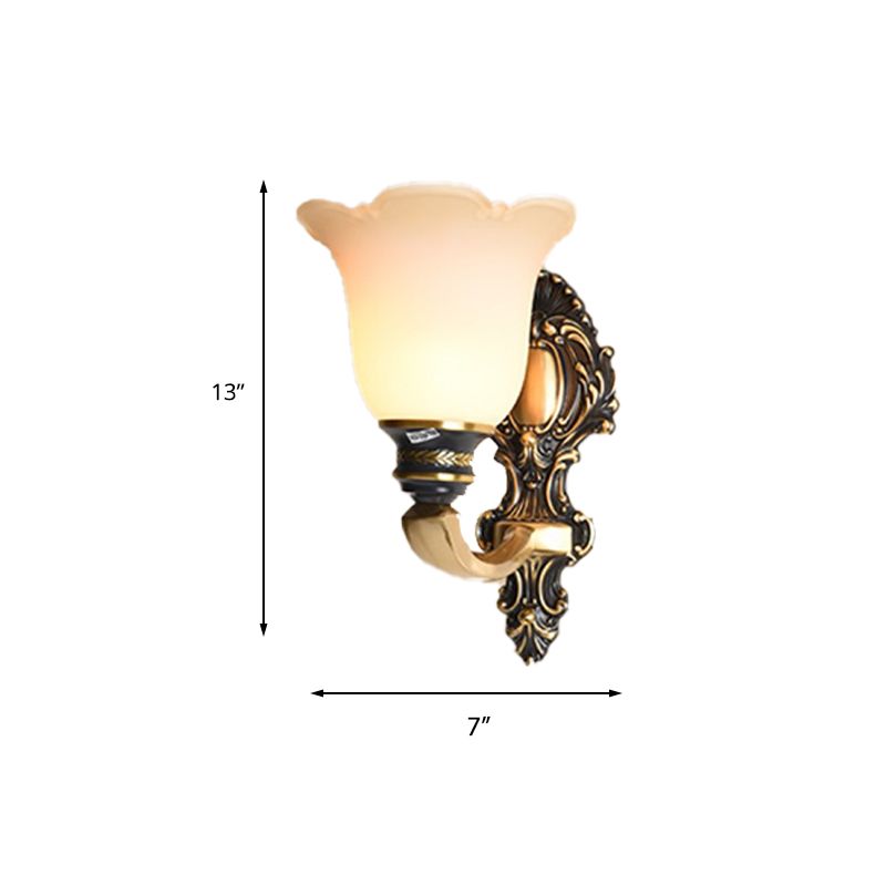 Floral Bedroom Wall Sconce Light Traditional White Glass 1/2-Light Brass Wall Lamp with Metal Curvy Arm