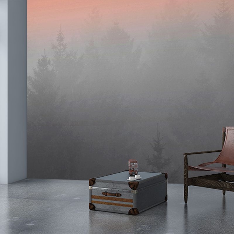Misty Forest Morning Murals Grey and Orange Contemporary Wall Art for Home Decor