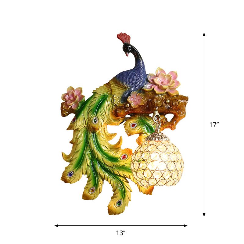 Peacock and Flower Bedroom Sconce Traditional Resin Single Head Blue-Green Wall Lighting Fixture with Orb Hand-Cut Crystal Shade, Left/Right
