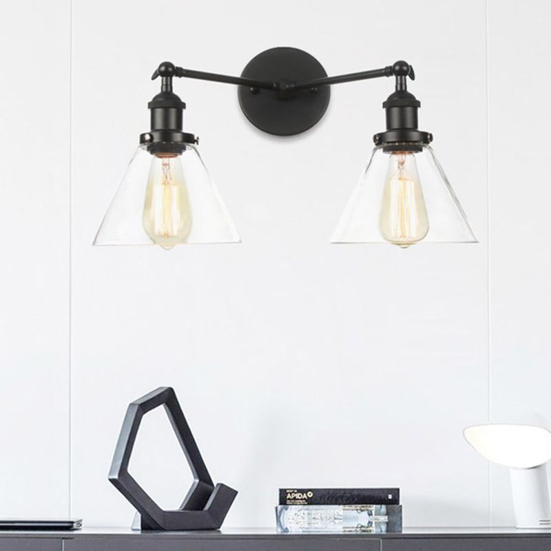 Clear Glass Conical Wall Mount Light Vintage 2 Lights Living Room Sconce Fixture in Black/Brass/Bronze