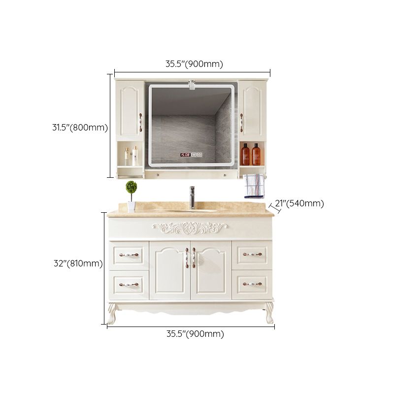 Wood Frame Bathroom Vanity White Freestanding Mirror Drawers Rectangle Vanity with 2 Doors