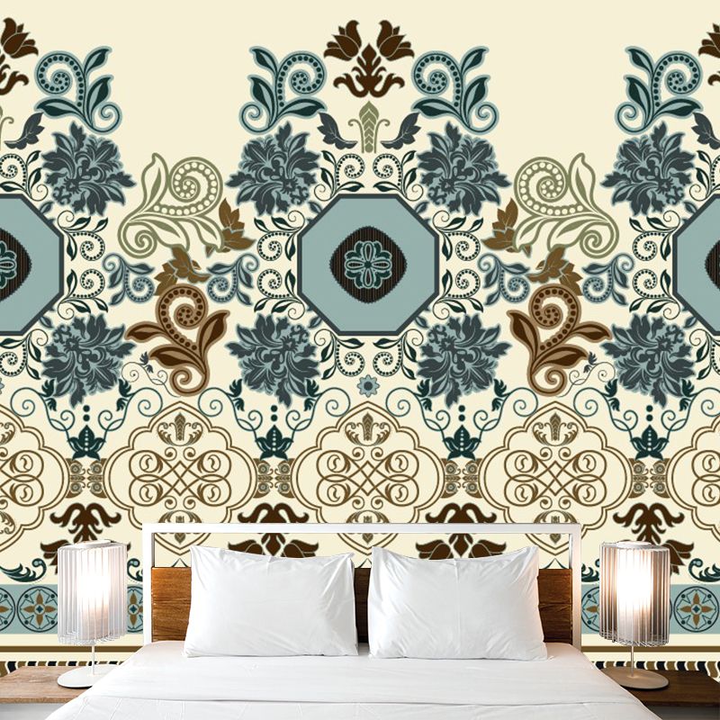 Blue-Brown Floral Wallpaper Murals Moisture Resistant Boho Bedroom Wall Covering