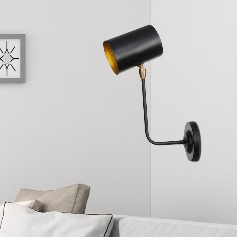 Antiqued Right Angle Arm Sconce 1 Bulb 6"/10" T Iron Wall Mounted Light in Black and Inner Gold with Cylinder Shade
