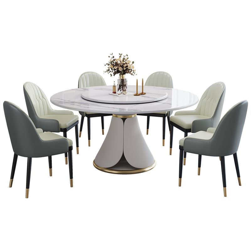 Traditional Luxury Dining Table White Round Sintered Stone Table with Pedestal Base