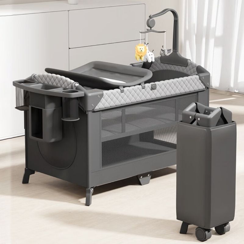 4-in-1 Folding Crib in Black and Gray Mattress Included Crib with Storage and Casters