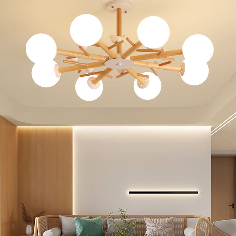 Wood Pendant Light Nordic Style Chandelier Lamp Fixture with Ball Glass Shade
