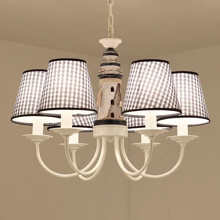 Kids Blue Pendant Light with Plaid Shade Lighthouse 6 Lights Metal Chandelier for Child Bedroom