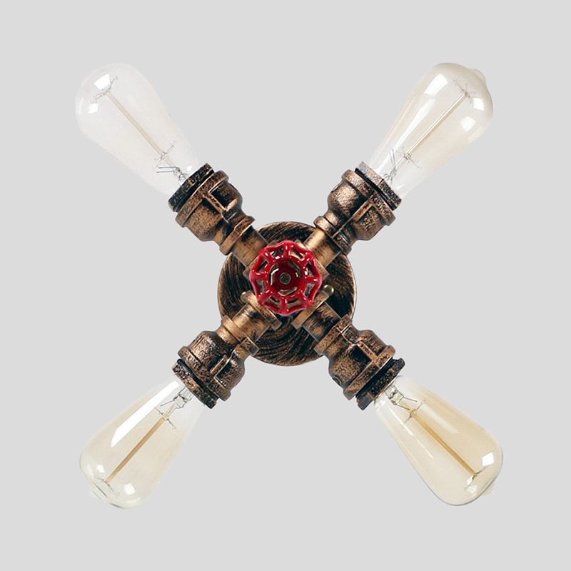 Burst Pipe Foyer Ceiling Mount Light Industrial-Style Iron 4 Lights Bronze Semi Flush Light with Decorative Valve