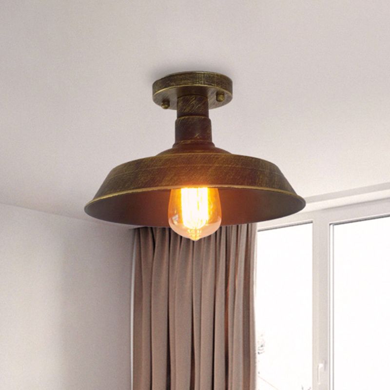 Farmhouse Barn Shade Semi-Flush Mount 1 Head Wrought Iron Ceiling Light Fixture in Aged Silver/Weathered Copper