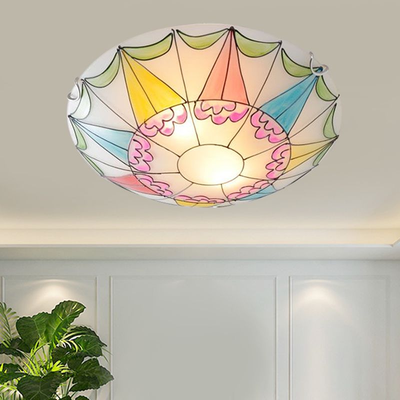16"/19.5" Wide Domed Flush Light Fixture Mediterranean Pink Stained Glass 3/4 Lights Ceiling Lighting for Bedroom