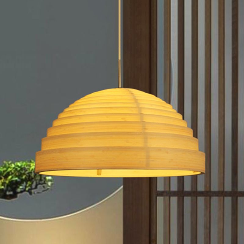Bamboo Half Globe Hanging Light Asian 1 Head Wood Ceiling Suspension Lamp over Table
