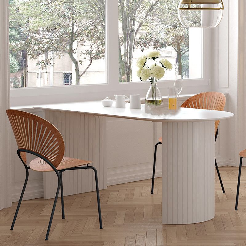 Irregular Shape Dining Table in White Modern Island Table with Double Pedestal
