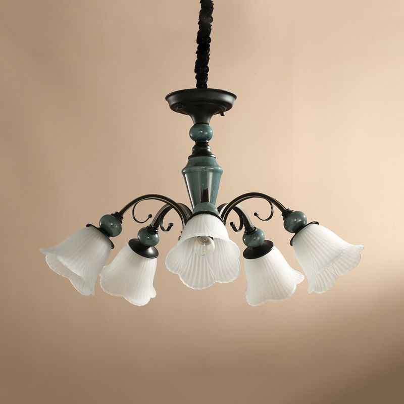 Braccio curvo soggiorno lampada a sospensione country metallic 5/6-bulb Black Finish lampadario Lampada con tonalità in vetro glassata