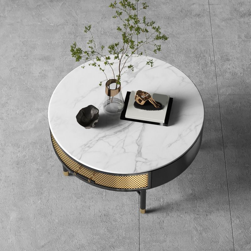 17.7" H Round Slate Coffee Table 4 Legs Cocktail Table with Drawer