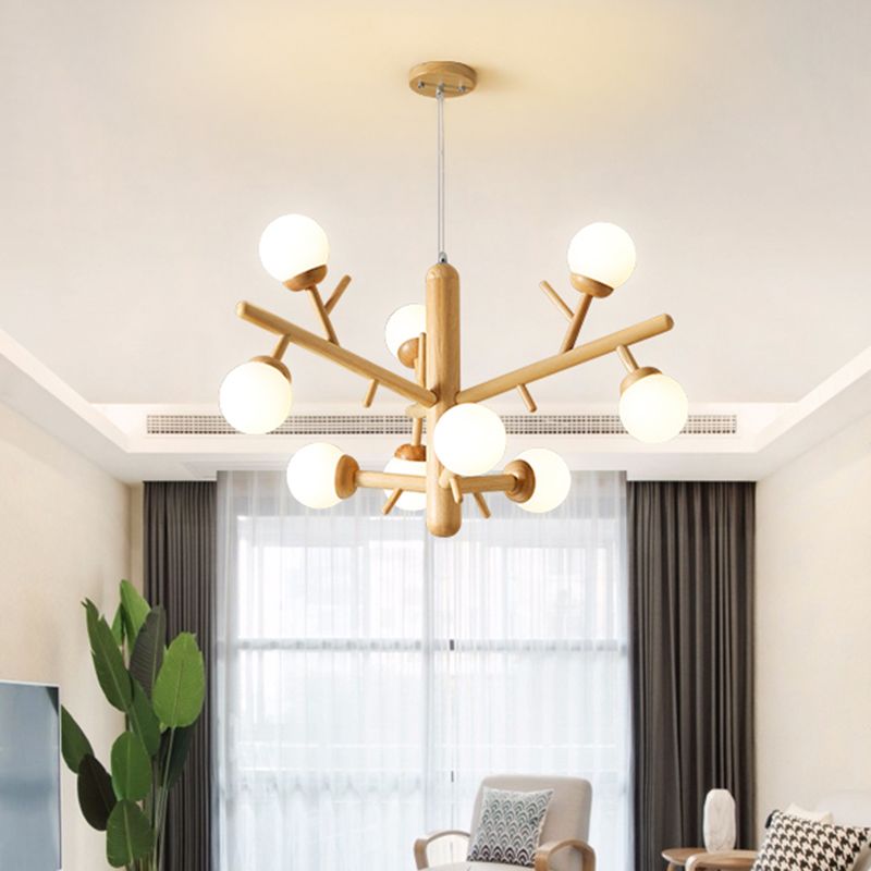 Lampadario ramo di legno moderno a ciondolo multi-testa con tonalità di vetro bianco