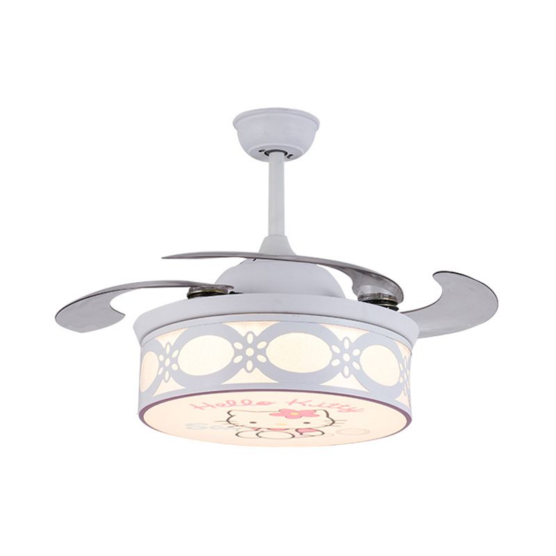 4 Blades Drum Semi Flush Mount Lamp Kids Metal Bedroom 36" W LED Hanging Pendant Fan Light in White/Pink with Cartoon Cat Pattern, Remote/Wall and Remote Control