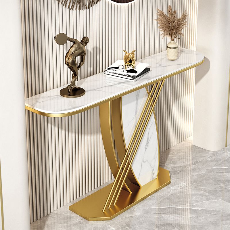 Stone Half Moon Accent Table with Iron Pedestal Base for Hall