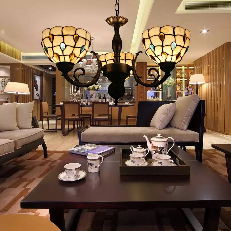 Bowl Hanging Light Tiffany Stained Glass 3 Lights Chandelier light with Jewel Pattern for Bedroom
