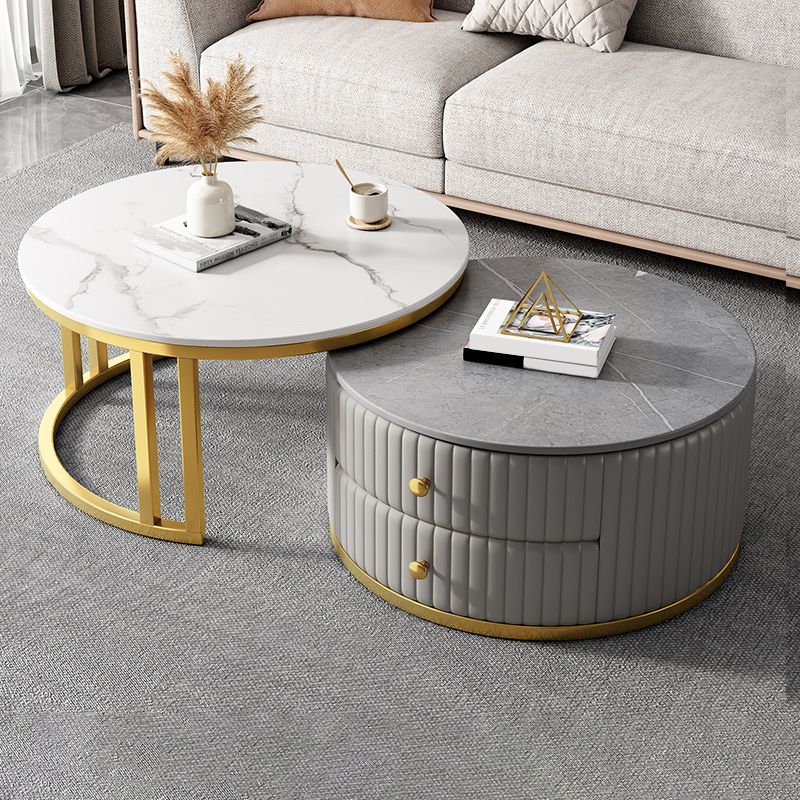 Modern Coffee Cocktail Table Round Glass / Slate Coffee Table with 2 Drawers