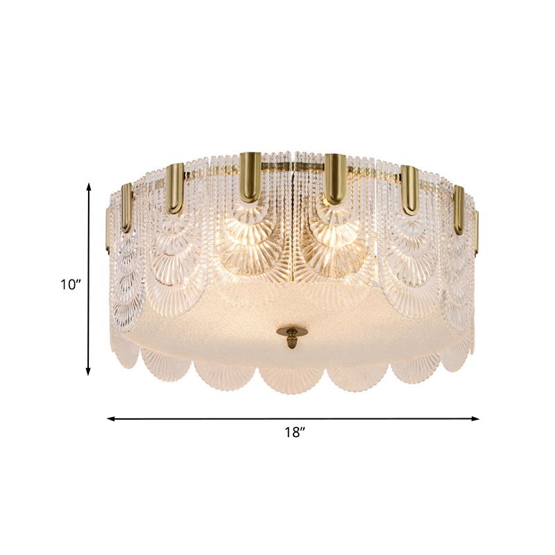 Traditionalist Drum Flushmount Lighting Prismatic Glass 6 Heads Bedroom Ceiling Mounted Fixture in Brass
