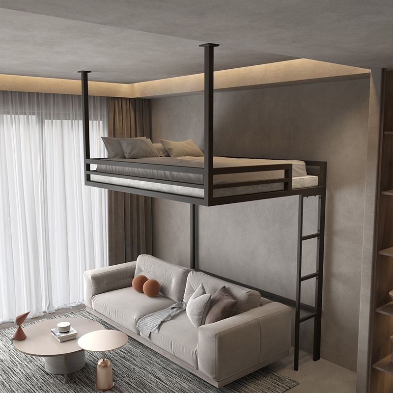 White/Black Loft Bed with Guardrail Metal Kids Bed with Built-In Ladder