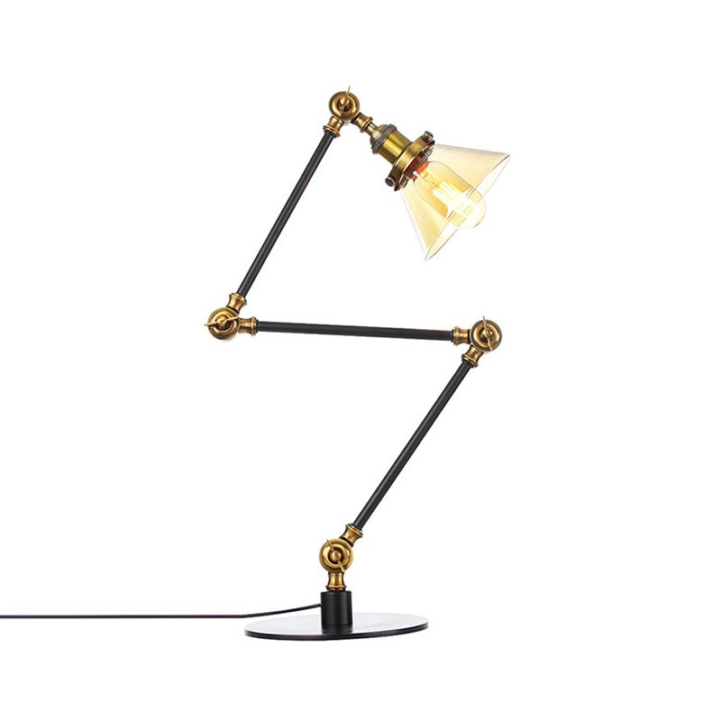 Table conique de style industriel clair Ambre / verre transparent et métal 1 lampe de table de chambre à coucher légère avec bras réglable en noir / laiton
