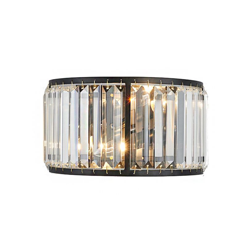 Metal Drum Wall Mount Lighting Modern Style 2 Bulbs Black/Gold Wall Sconce Lamp with Clear Crystal Block