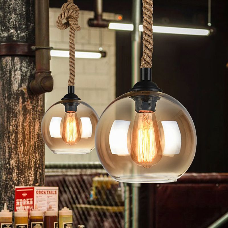 Amber/Clear Glass Ball Hanging Lighting Industrial 1 Head Restaurant Affermare lampada a sospensione con corda di corda