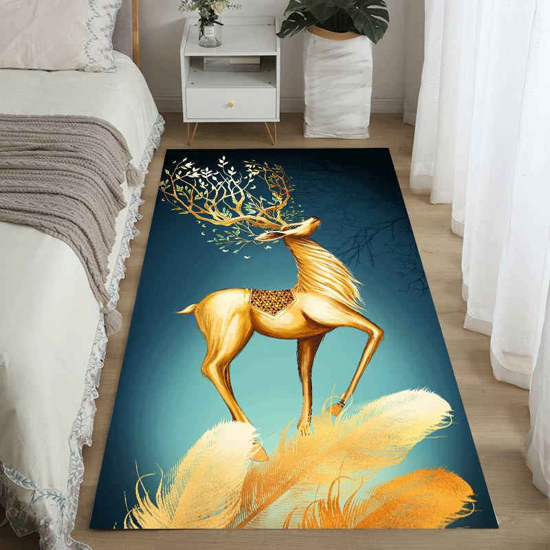 Blue Modern Area Rug Animals Pattern Polyester Area Carpet Stain Resistant Rug for Bedroom