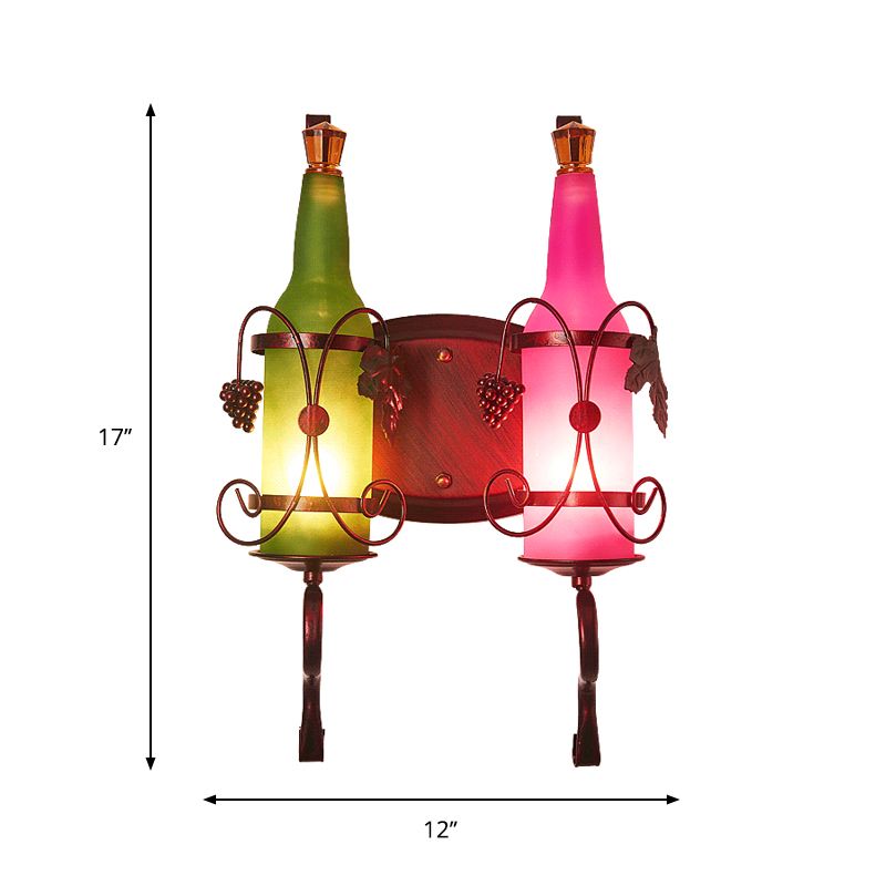 Industrieflaschenschatten Wandleuchte 2 Leuchten gefrostete Glaswandlampe mit Blatt -Deco in Grün und Rosa