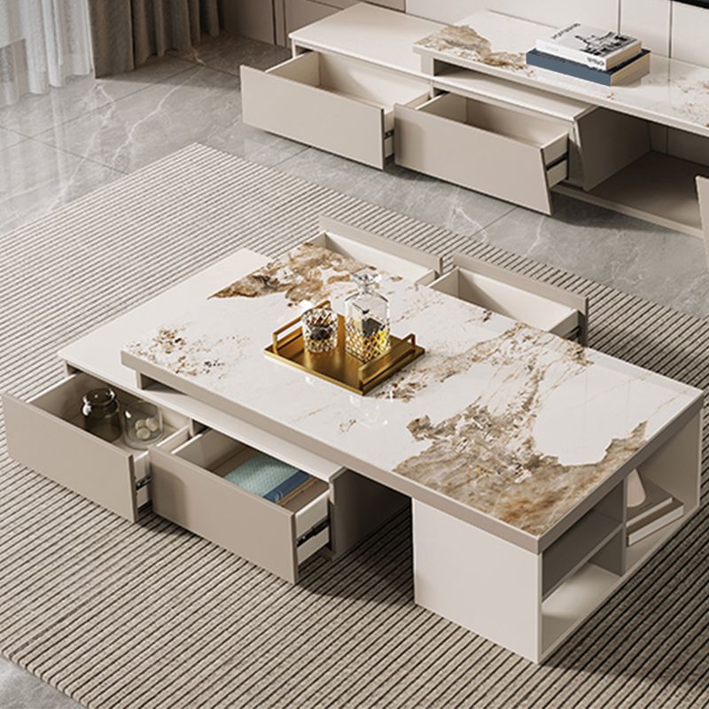 Rectangle Stone Cocktail Table Glam Single Coffee Table with Storage Drawers