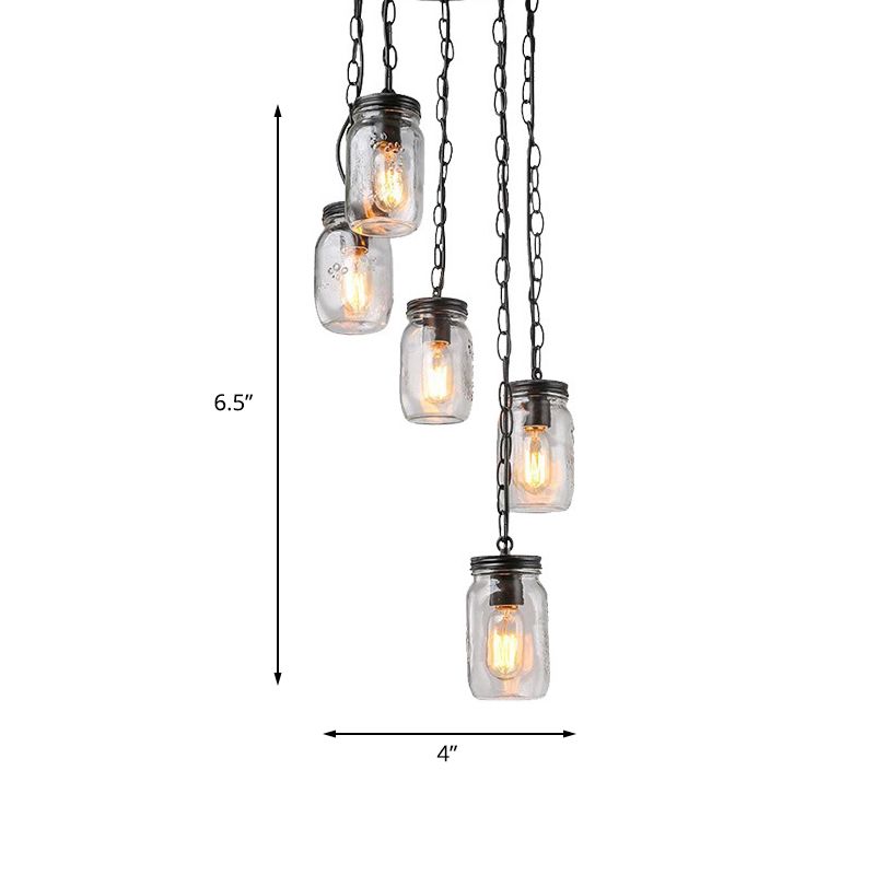 Black 5-Light Cluster Pendant Modern Clear Glass Jar Shade Hanging Light Fixture with Cord/Chain and Round Canopy