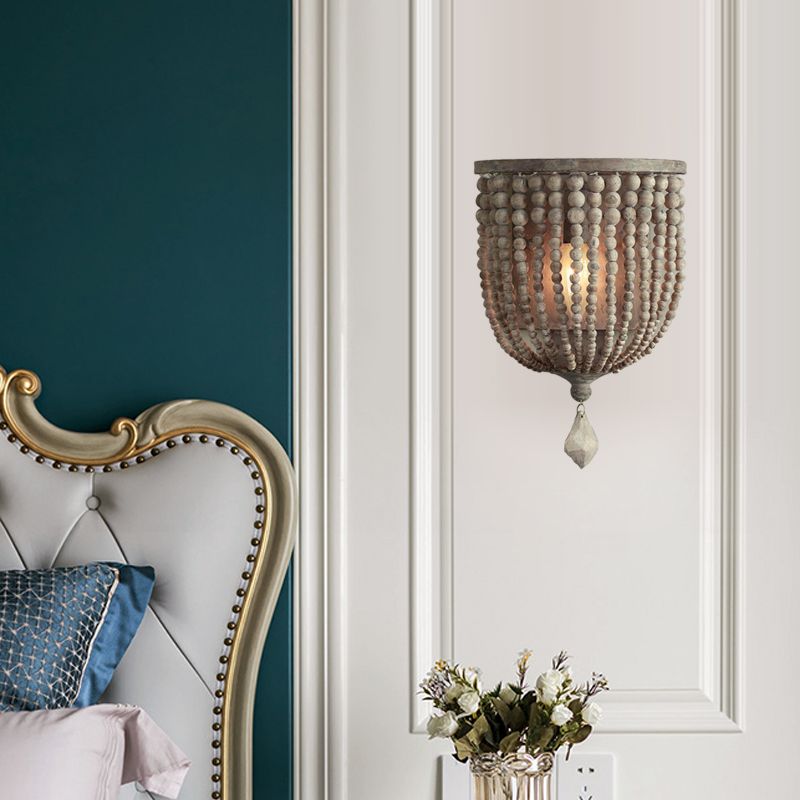 1 Light Wood Wall Mount Lamp Countryside Grey Beaded Living Room Sconce Light Fixture