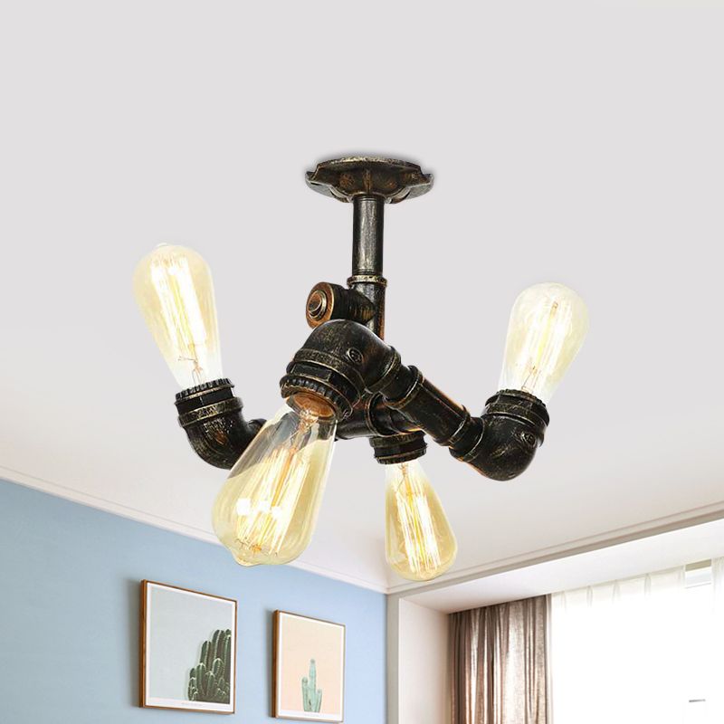 Industrial Bare Bulb Semi Flush Mount 3/4-Light Iron Flush Ceiling Lighting in Bronze