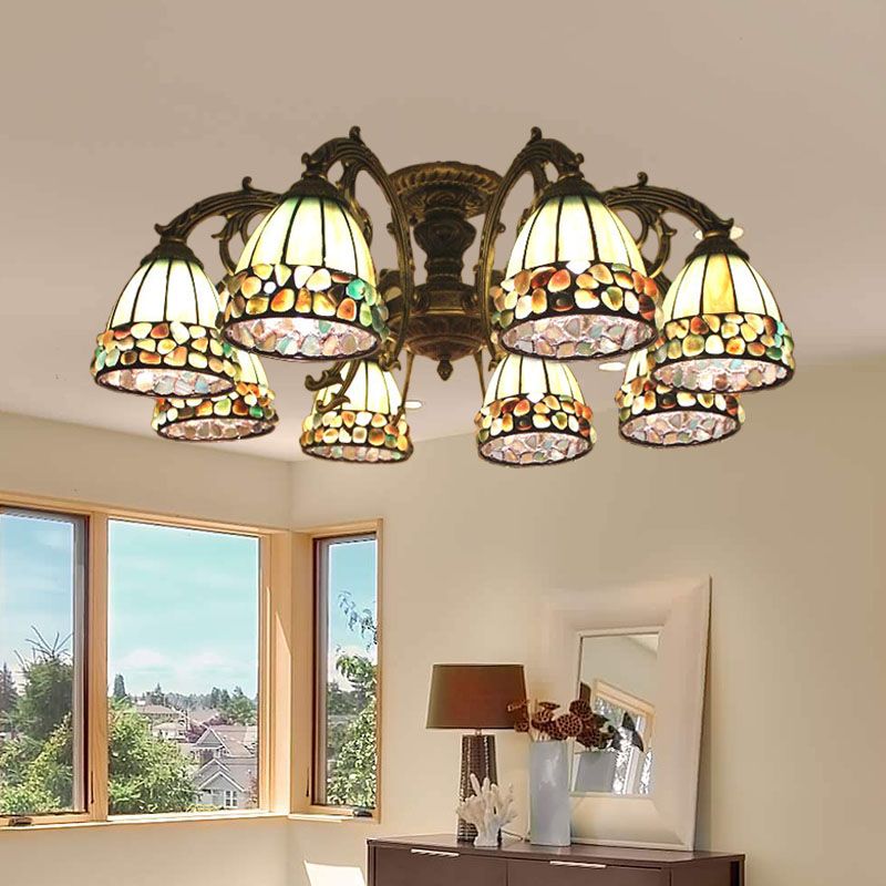 Tiffany Dome Semi Flush 5/8 lumières Vitrail Art près du plafond Éclairage en vert