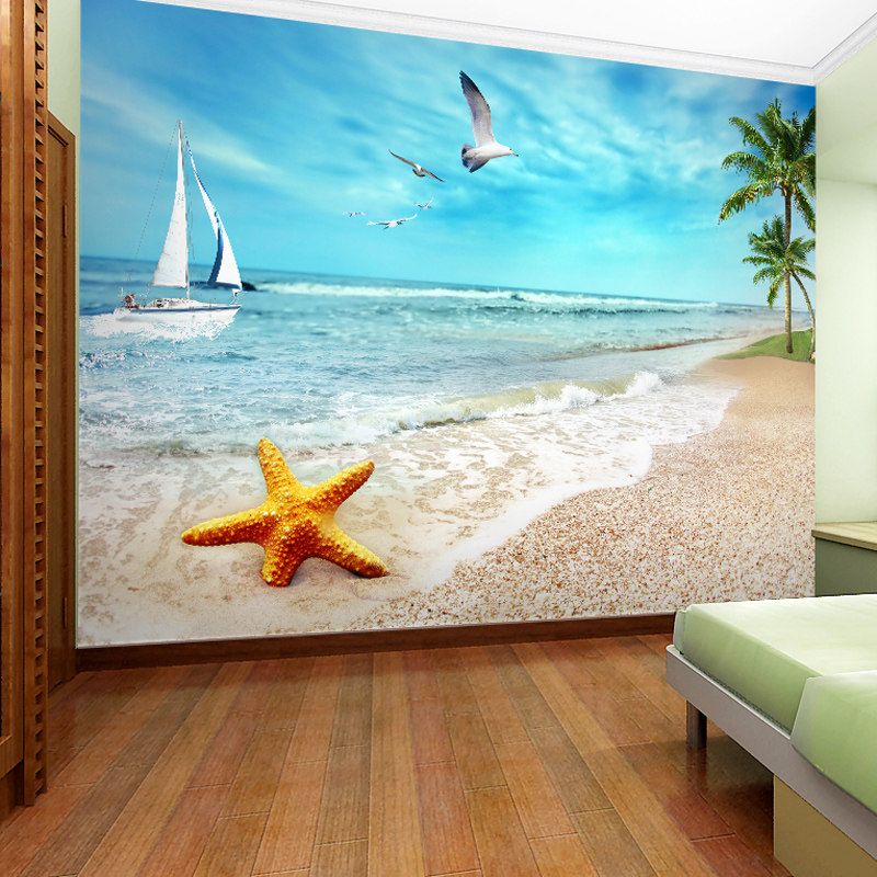 Decorative Seashore Wall Covering Non-Woven Fabric Minimalist Wall Mural for Accent Wall