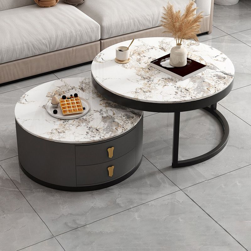 Modern Round Glass Cocktail Table Set Iron Frame Coffee Table with Drawers