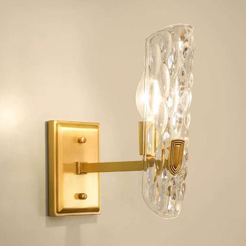Curved Wall Mounted Light Postmodern Clear Hammered Glass Single Gold Wall Lamp for Foyer