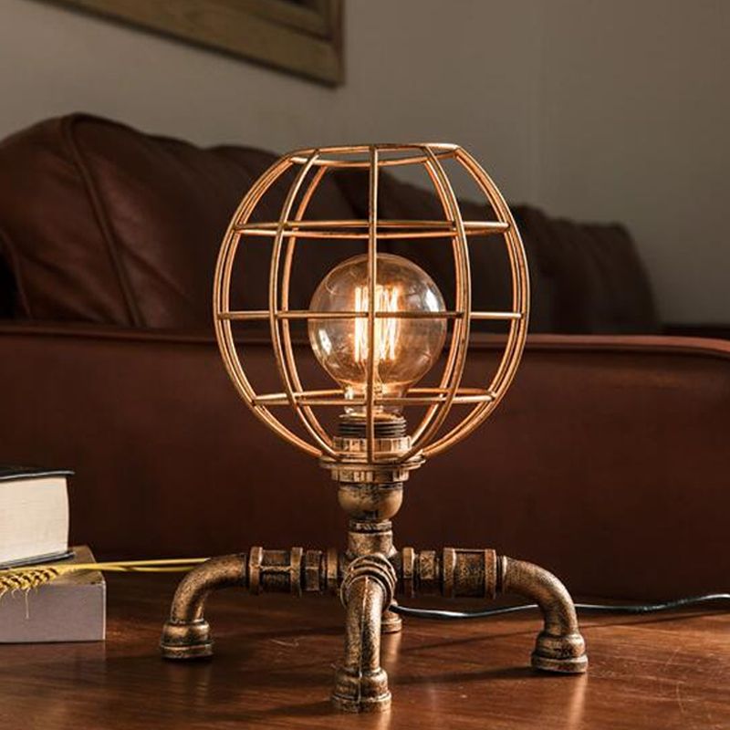 Bronze Single-Bulb Table Light Warehouse Style Iron 3-Leg/4-Leg/Sitting Robot Nightstand Lamp with/without Cage Guard