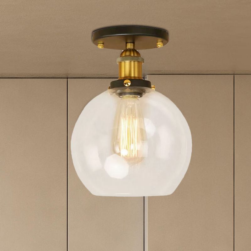 Plafonnier sphérique semi-affleurant industriel en verre transparent, une lumière, noir/laiton/cuivre, pour balcon