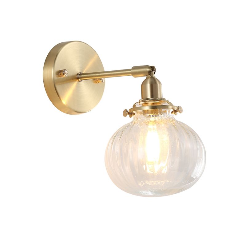 1 Kopfwand montierte Lampe Kolonialkugel Klar/Cognac Prismatic Glass Leuchte Beleuchtung in Gold