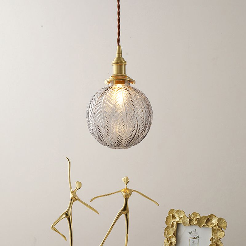1 Head Spherical Pendant Light Kit Warehouse Brass Finish Clear Textured Glass Hanging Lamp Kit