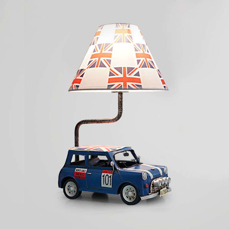 Kids Jeep Car Eisen Nachttisch Lampe 1 Kopftisch Hell in Gelb/Blau mit Cross -Stoff -Empire -Schatten
