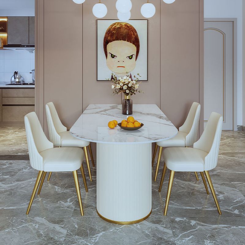 Minimalist Free Form Dining Table Set with 4 White Leather Dining Chairs