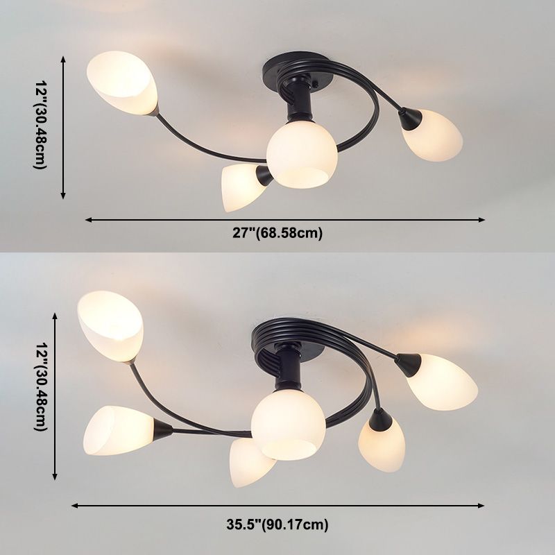 Black Multi Lights Semi Flush Mount Traditional White Glass Ceiling Light for Living Room