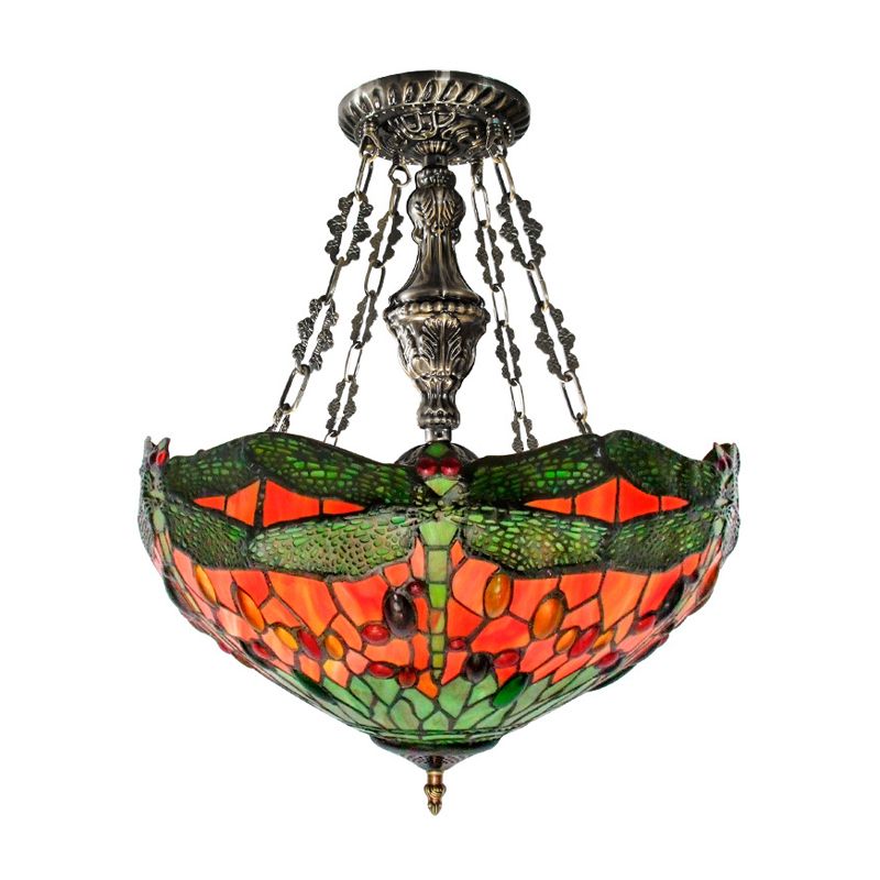 Groene 3 lichten Suspensie Lamp Tiffany gebrandschilderd glazen kom kroonluchter met libelpatroon en edelsteenachtige cabochons